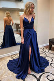Navy Blue Satin A-Line Sweetheart Cross Back Prom Dresses with Pockets, SP650