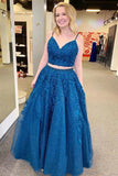 Mykonos Blue Sparkly Two Pieces Appliqued Spaghetti Straps Prom Dress, SP651