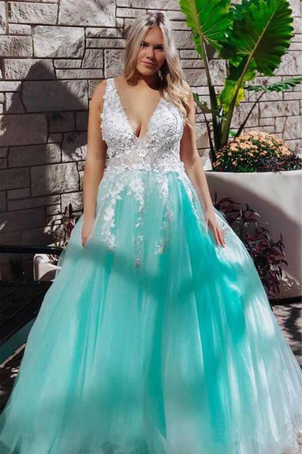 Turquoise Lace Ball Gown Appliqued Prom Dresses, Quinceanera Dress, SP652 | prom dresses | evening dresses | Simidress.com