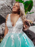 Turquoise Lace Ball Gown Appliqued Prom Dresses, Quinceanera Dress, SP652 | evening dresses | prom dresses long | lace prom dresses | Simidress