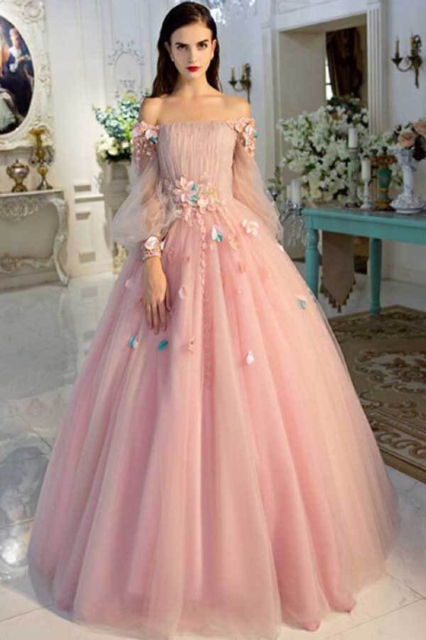 Lace Long Sleeve Pink Prom Dresses V Neck Tulle Appliqued Beaded Evening  Ball Gowns – SheerGirl