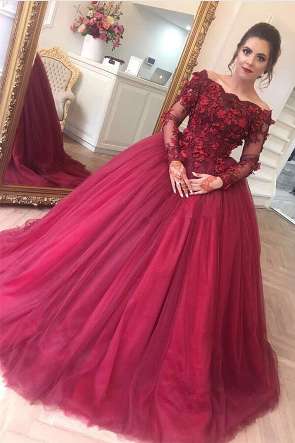 Burgundy Tulle Ball Gown Off-the-Shoulder Long Sleeves Prom Dresses, SP654 | prom dresses | evening dresses | formal dresses | long sleeve prom dresses | burgundy prom dresses | ball gown prom dresses | cheap prom dresses | Simidress.com