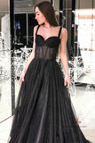 Black A-line Sleeveless Spaghetti Straps Long Prom Dresses, Evening Dresses, SP656