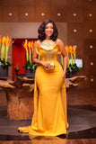 Elegant Yellow Beaded Mermaid Evening Dresses, African Attire Dresses, SP658