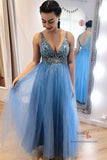 Blue Tulle A-Line V-Neck Beaded Long Prom Dresses, Evening Dresses, SP659