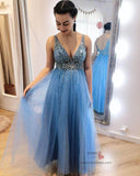 Blue Tulle A-Line V-Neck Beaded Long Prom Dresses, Evening Dresses, SP659 | blue prom dresses | beaded prom dresses | evening dresses | formal dresses | graduation dresses | Simidress.com