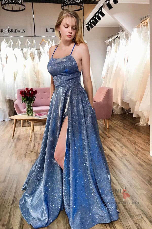 graduation dresses party Sparkly Spaghetti Straps Prom Dresses With Split, SP660