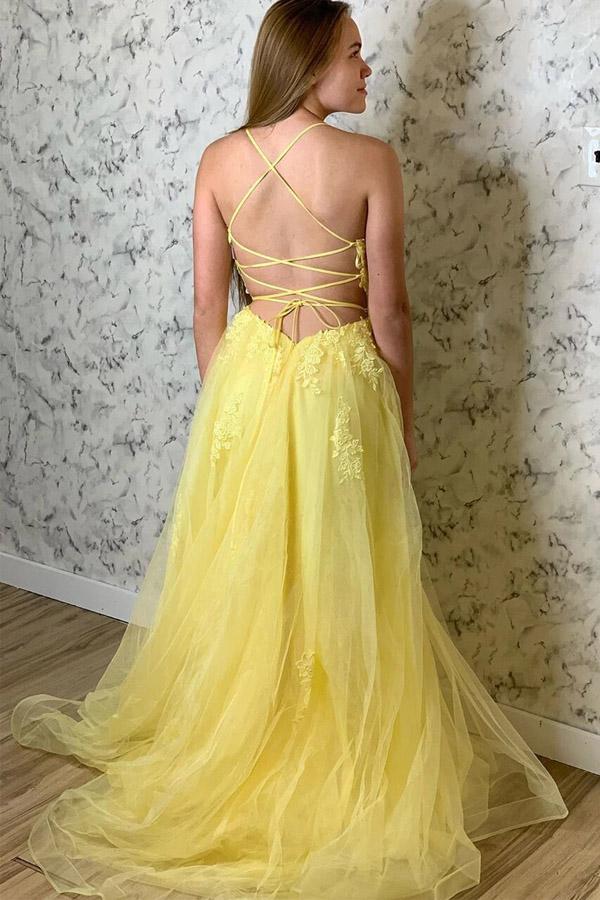 Yellow A-line Spaghetti Straps Lace Up Prom Dress With Lace Appliques, SP662 | yellow prom dresses | tulle prom dresses | evening dresses | formal dresses | prom gowns | Simidress.com