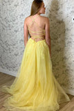 Yellow A-line Spaghetti Straps Lace Up Prom Dress With Lace Appliques, SP662 | yellow prom dresses | tulle prom dresses | evening dresses | formal dresses | prom gowns | Simidress.com