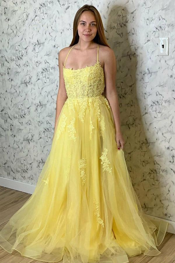 Yellow Spaghetti Straps Prom Dress With Appliques, SP662 | Simidress Yellow Spaghetti Straps Prom Dress With Appliques, SP662 | Simidress