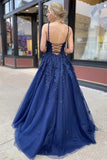 Navy Blue Tulle A-Line V-neck Lace Long Prom Dresses, Evening Dress, SP664 | cheap prom dresses | evening dresses | formal dresses | long prom dresses | prom gowns | Simidress.com