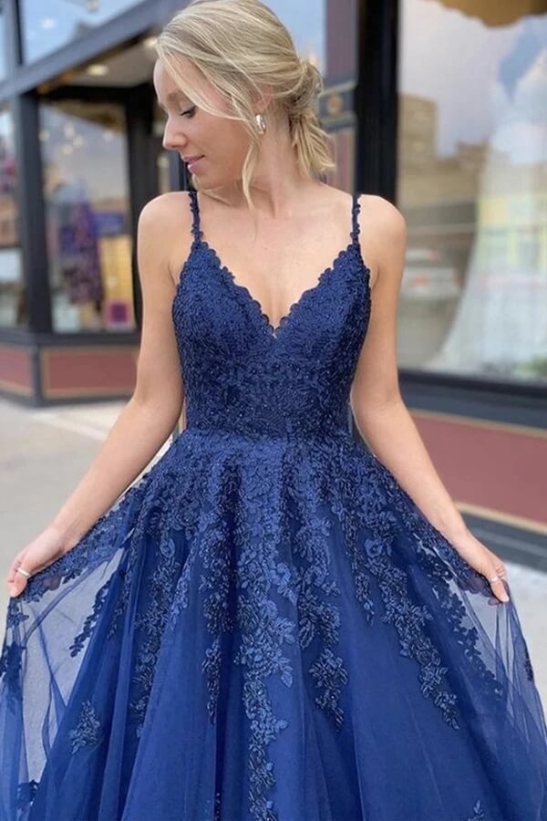 Navy Blue Tulle A-Line V-neck Lace Long Prom Dresses SP664 | Simidress
