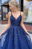 Navy Blue Tulle A-Line V-neck Lace Long Prom Dresses, Evening Dress, SP664 | prom dresses navy blue | party dresses | plus size prom dresses | lace prom dresses | Simidress.com