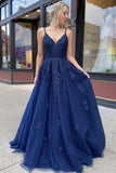 Navy Blue Tulle A-Line V-neck Lace Long Prom Dresses, Evening Dress, SP664