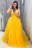 Yellow A-line Organza Spaghetti Straps Prom Dresses, Evening Dresses, SP665