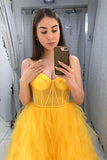 Yellow A-line Organza Spaghetti Straps Prom Dresses, Evening Dresses, SP665 | evening dresses | prom dresses | formal dresses | yellow prom dresses | party dresses | Simidress.com