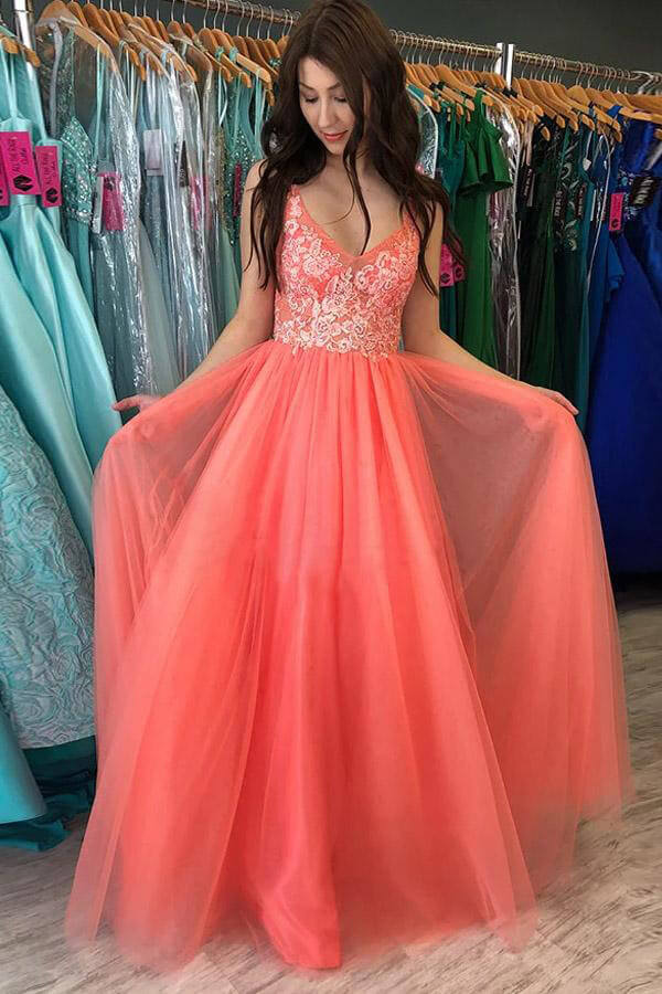 Rustic Watermelon A-line V-neck Prom Dresses With Lace, Formal Dress, SP666 | prom dresses | party dresses | long prom dresses |formal dresses | Simidress.com
