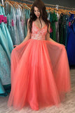 Rustic Watermelon A-line V-neck Prom Dresses With Lace, Formal Dress, SP666
