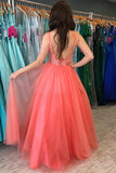 Rustic Watermelon A-line V-neck Prom Dresses With Lace, Formal Dress, SP666 | cheap prom dresses | formal dresses | prom gowns | party dresses | evening dresses | lace prom dresses | Simidress.com