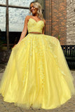 Yellow Lace A-line Tulle Two Pieces Prom Dresses, Evening Dresses, SP667 | prom dresses | evening dresses | party dresses | formal dresses | yellow prom dresses | Simidress.com