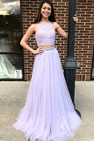 Lilac Halter Two Pieces Beaded Prom Dresses, Evening Dress With Appliques, SP668