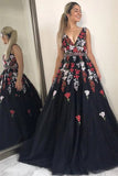 Black Floral Embroidery V-Neck Beaded Long Prom Dresses With Appliques, SP669 | party dresses | formal dresses | lace prom dresses | evening dresses | Simidress.com