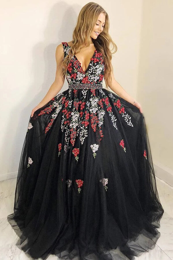 black and floral prom dress Black Floral Beaded Prom Dresses With Appliques, SP669