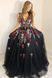 Black Floral Embroidery V-Neck Beaded Long Prom Dresses With Appliques, SP669 | prom dresses | long prom dresses | evening dresses | formal dresses | black prom dresses | lace prom dresses | Simidress.com