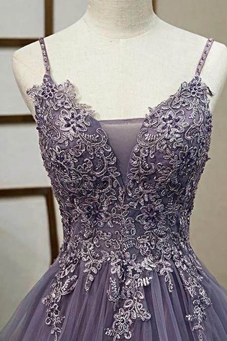 www.simidress.com sell Purple Tulle A-line V-neck Spaghetti Straps Prom Dress With Lace Appliques, SP618 at good prices