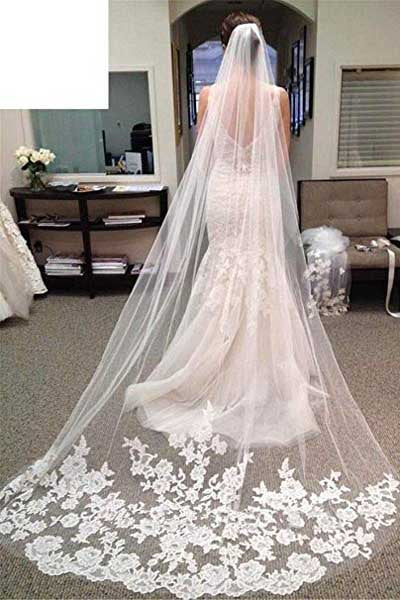 Cheap Lace Ivory Edge Chapel Length Wedding Veils, Bridal Veil, SV008