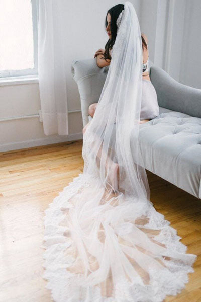 Cheap Ivory Alencon Lace Trim Long Wedding Veil | Bridal Veils, SV010