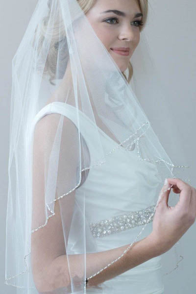 Simple White Beaded Two Layers Wedding Veils with Blusher Fingertip, SV011