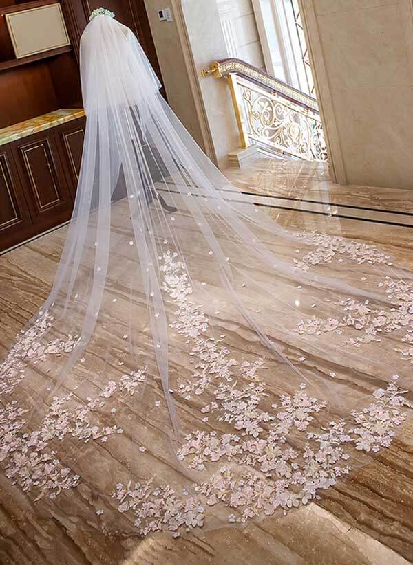 3.5m Chapel Lace Two Tier Blush Wedding Veil With Pink Flowers, SV012