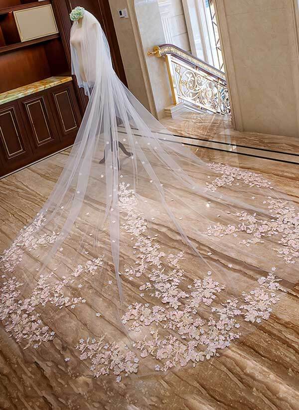 3.5m Chapel Lace Two Tier Blush Wedding Veil With Pink Flowers, SV012 | simidress.com