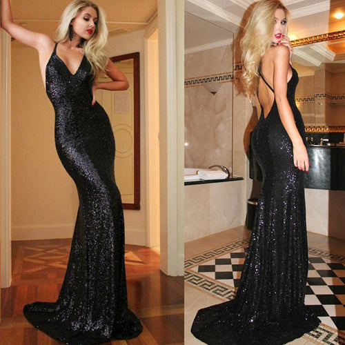 Mermaid Black Sequin Prom Dress,Glittering Backless Party Prom Dress, SVD311 from simidress.com