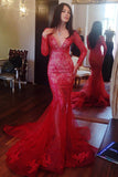 Fabulous Red Long Sleeves V-neck Mermaid Prom Dress with Appliques Beading,SVD330