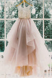 Organza Scoop Sleeveless Prom Gowns Evening Dress with Sweep Train, SIMI339