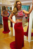 2 Piece Mermaid Long Prom Dress,Red Open Back Evening Dresses-simidress