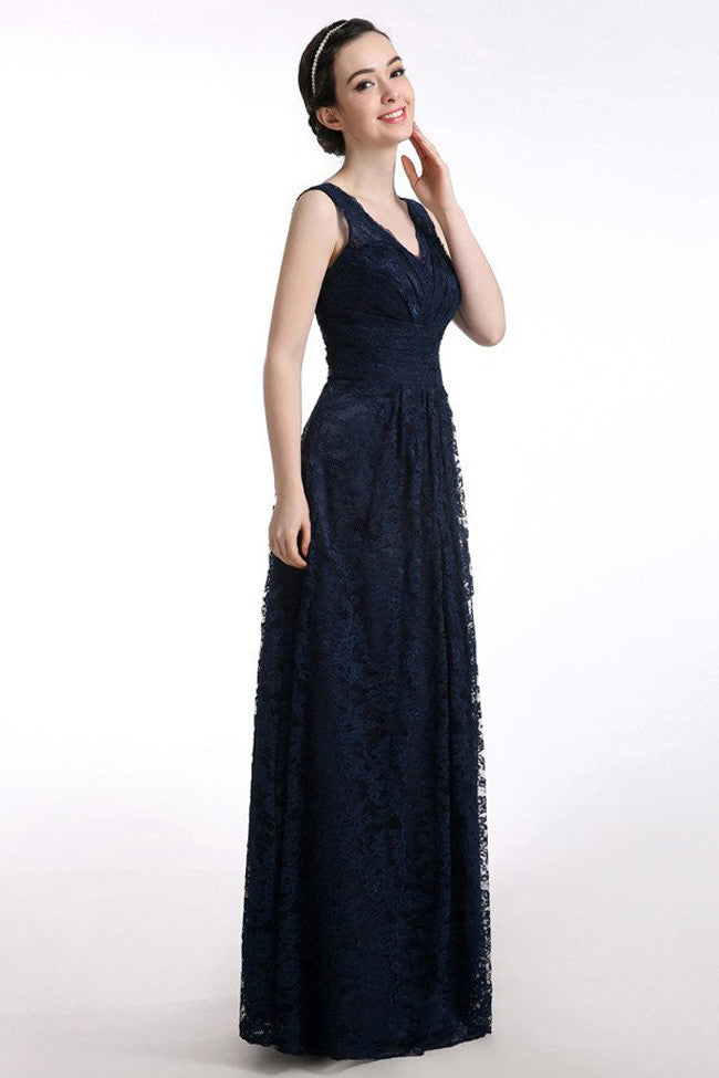 Long Navy Blue Sleeveless V-neck Floor-length Lace Prom Dress, I36