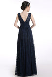 Long Navy Blue Sleeveless V-neck Floor-length Lace Prom Dress, I36
