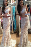 2 Piece Sexy Lace Mermaid Prom Dress With Beading Backless Court Train Evening Gowns,SVD346