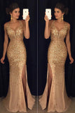 See Through Gold Rhinestone Mermaid Formal Evening Prom Dresses With Beading,SVD351