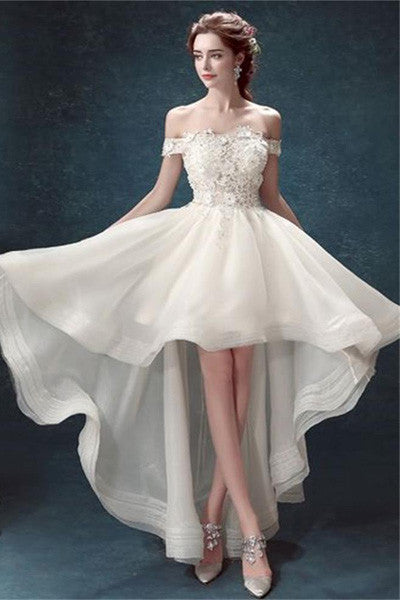 High Low Off Shoulder White Organza Prom Dresses,Cheap Wedding Dresses,SVD353
