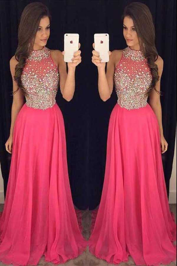 2017 Hot Pink Halter Evening Prom Dresses With Beading,Cheap Party Prom Dress,SVD354