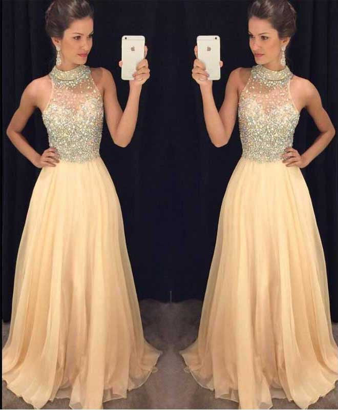 2017 Hot Pink Halter Evening Prom Dresses With Beading,Cheap Party Prom Dress,SVD354