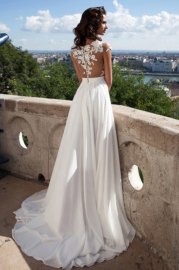 Long White Lace A-Line Prom Dress With Appliques,Sexy Wedding Dress,SVD356