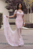 Pink Lace Mermaid Long Sleeve Sexy See Through Prom Dress,Cheap Prom Dresses,SVD362