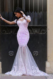 Pink Lace Mermaid Long Sleeve Sexy See Through Prom Dress,Cheap Prom Dresses,SVD362