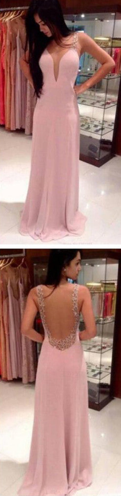 Long Pink V-Neck Backless Prom Dresses,Pretty Prom Dresses,Party Prom Dresses,SVD369