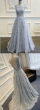 Gray V-Back Tulle Prom Dresses With Lace Appliques,Party Prom Dress,Evening Dresses,SVD372